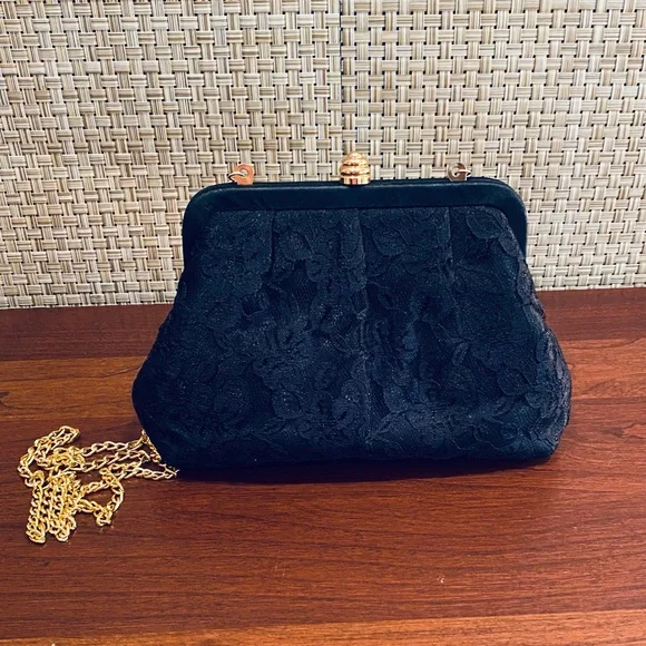 🌟HP🌟VTG 1980s Black Lace Beehive Clasp Evening Bag - Picture 2 of 9